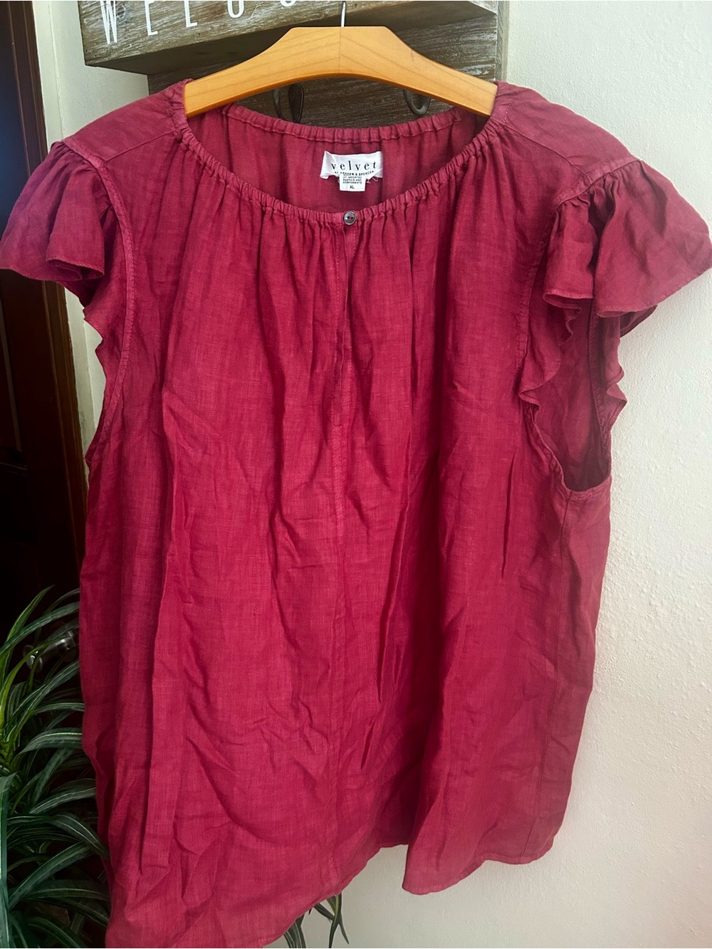 Velvet Burgundy Ruffle Sleeve Linen Blouse